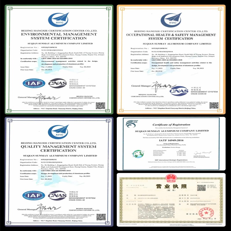 ISO 9001 quality certification for Sunmay's powder coated aluminum profile production.